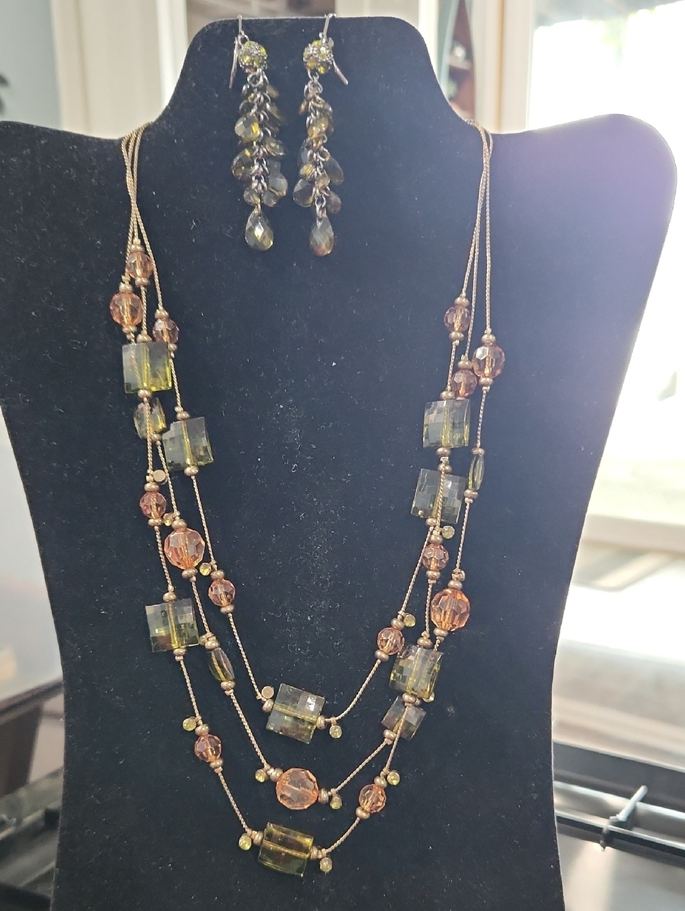 Glass Bead Multi-Strand Necklace and Earring Set - Brown & Olive 18" - 21"